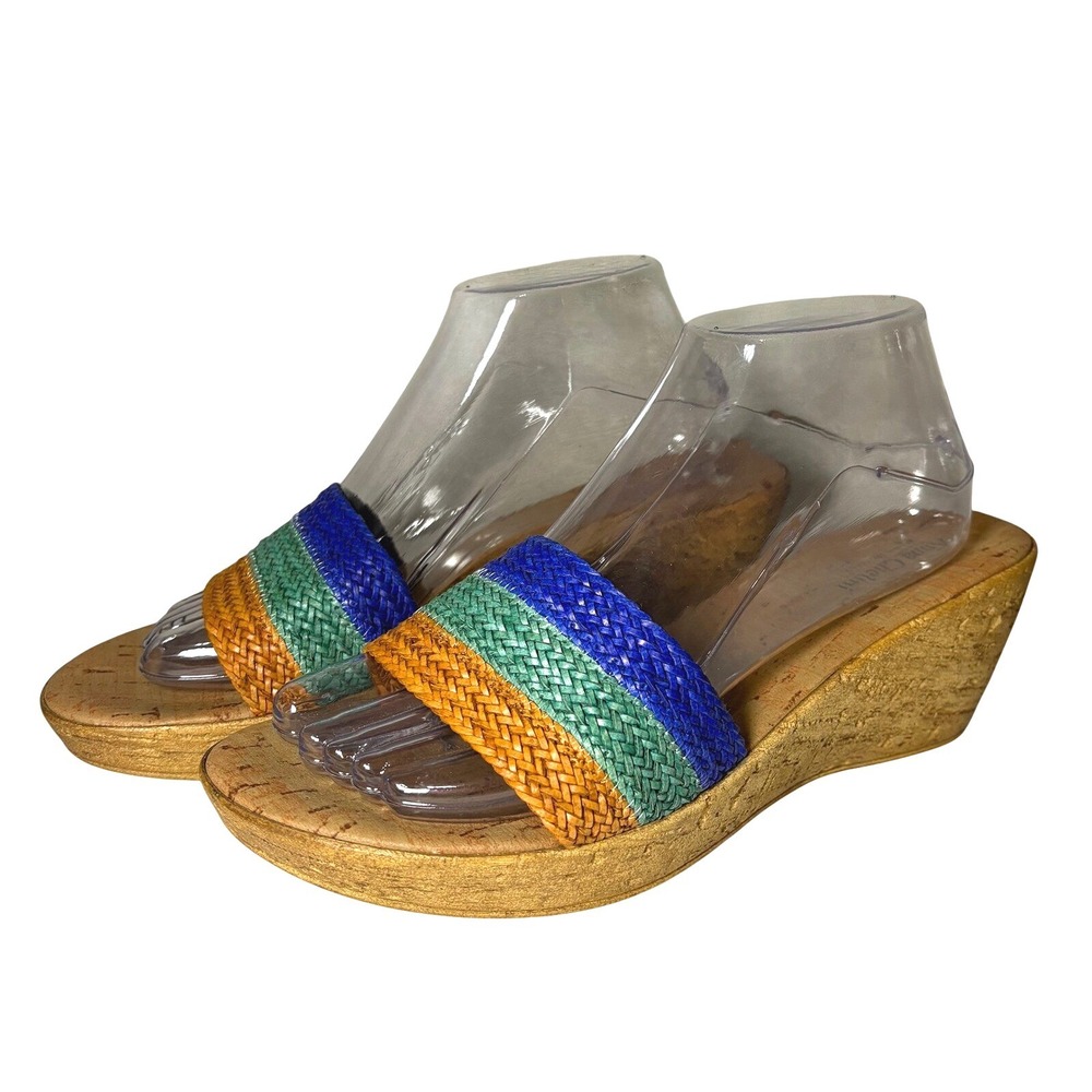 Anna Chelini Italy Woven Wedge Sandals Multi Color Cork Platform Slides 8.5-9